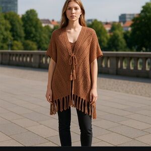 Vince Camuto Open Knit Womens Sweater Fringe Boho Shimmer Crochet Lightweight‎